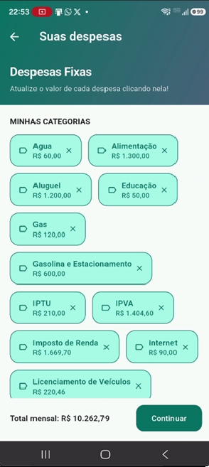 Tela de despesas UptoMillion